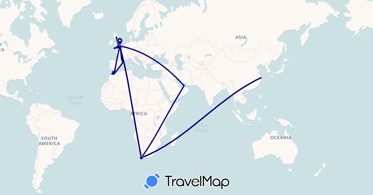 TravelMap itinerary: driving in United Arab Emirates, China, Spain, France, United Kingdom, Morocco, South Africa (Africa, Asia, Europe)